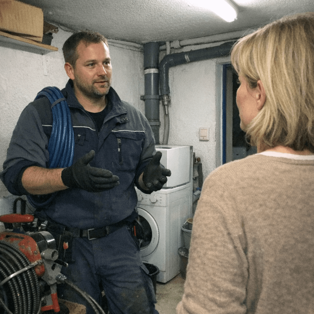 Techniker bespricht die Lage vor Ort mit dem Kunden ruhig und professionell